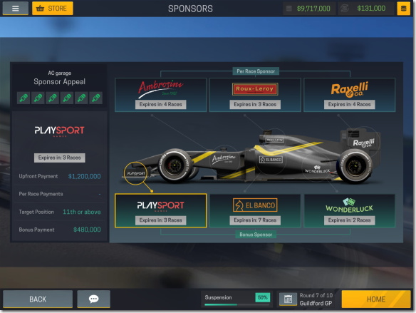 Motorsport Manager Mobile 2 スポンサー選択画面
